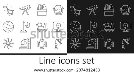 Set line Satellite dish, Alien, Astronomical observatory, Moon with flag, Planet, Great Bear constellation, Mars rover and Telescope icon. Vector