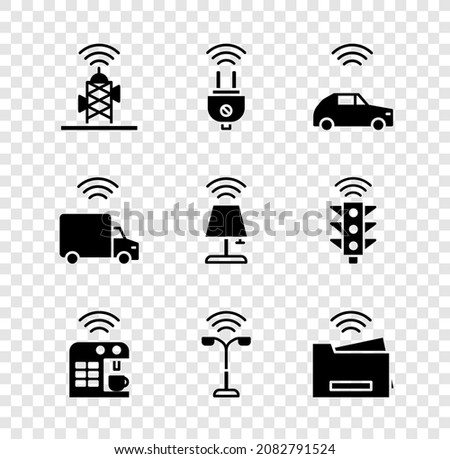 Set Wireless antenna, Smart electric plug, car system with wireless, coffee machine, street light, printer, truck and table lamp icon. Vector