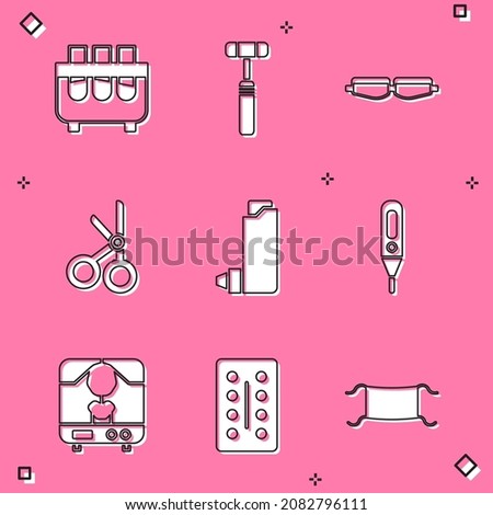 Set Test tube and flask, Neurology reflex hammer, Safety goggle glasses, Medical scissors, Inhaler, digital thermometer, X-ray machine and Pills blister pack icon. Vector