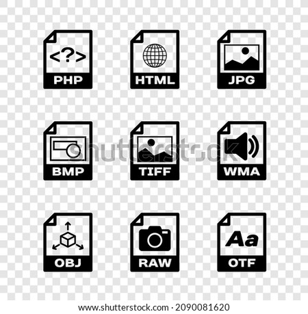 Set PHP file document, HTML, JPG, OBJ, RAW and OTF icon. Vector