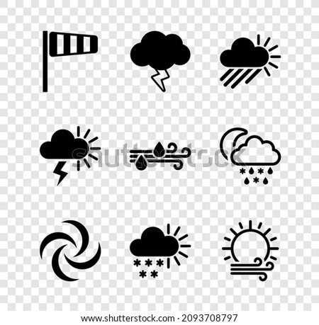 Set Cone windsock wind vane, Storm, Cloudy with rain and sun, Tornado, snow, Wind,  and  icon. Vector