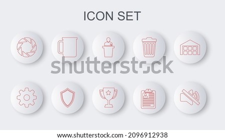 Set line Speaker mute, Cogwheel gear settings, Clipboard with resume, Camera shutter, Coffee cup, Shield and Trophy icon. Vector