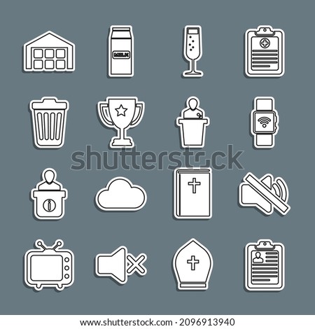 Set line Clipboard with resume, Speaker mute, Smartwatch wireless, Glass of champagne, Trophy cup, Trash can, Warehouse and  icon. Vector