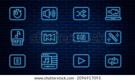 Set line Repeat button, Photo retouching, Arrow shuffle, Rewind, MP3 file, Stopwatch, Pause and Speaker volume icon. Vector