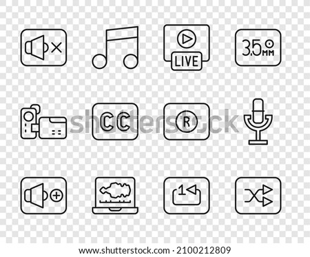 Set line Speaker volume, Arrow shuffle, Live stream, Sound or audio recorder, mute, Subtitles, Repeat track music player and Microphone icon. Vector