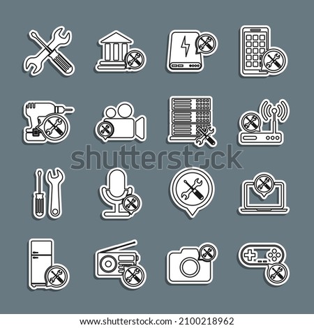Set line Gamepad service, Laptop, Router wi-fi, Power bank, Video camera, Drill machine, Crossed screwdriver and wrench and Database server icon. Vector