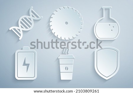 Set Coffee cup, Test tube and flask, Battery, Shield, Circular saw blade and DNA symbol icon. Vector