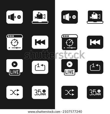 Set Rewind button, Online play video, Speaker mute, Live stream, Repeat track music player, Audio jack and Arrow shuffle icon. Vector