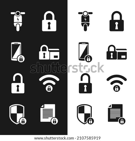 Set Credit card with lock, Smartphone, Electric scooter, Lock, Open padlock and Wifi locked icon. Vector