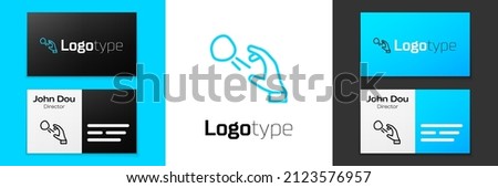 Blue line Hooligan shooting small stones icon isolated on white background. Demonstrator. Logo design template element. Vector