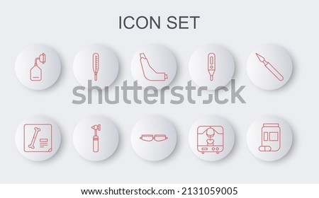 Set line Medicine bottle and pills, X-ray shots, Inhaler, machine, Medical oxygen mask, thermometer, otoscope tool and Safety goggle glasses icon. Vector