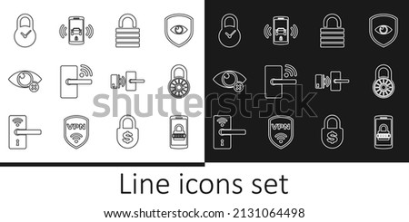 Set line Mobile and password, Safe combination lock wheel, Lock, Digital door with wireless, Invisible hide, Padlock clock, and Smart car alarm system icon. Vector