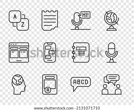 Set line Learning foreign languages, Two sitting men talking, Microphone voice device, Exam sheet with A plus grade, Vocabulary, New chat messages notification, Alphabet and icon. Vector