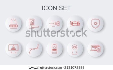 Set line Two steps authentication, Monitor with password, Digital door lock wireless, Keyhole eye, Password protection, Bezier curve and Mobile and icon. Vector