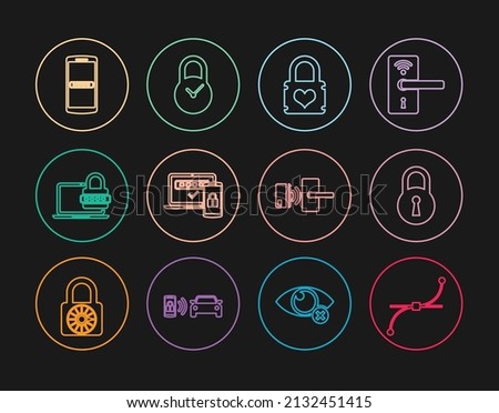 Set line Bezier curve, Lock, Padlock with heart, Two steps authentication, Laptop password, Mobile and, Digital door wireless and clock icon. Vector