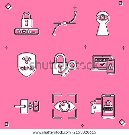 Set Password protection, Bezier curve, Keyhole with eye, Shield VPN wireless, Lock and key and Two steps authentication icon. Vector