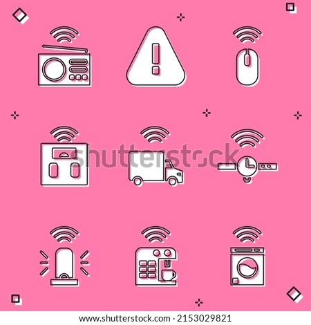 Set Smart radio, Exclamation mark in triangle, Wireless mouse, bathroom scales, truck, Smartwatch, flasher siren and coffee machine icon. Vector