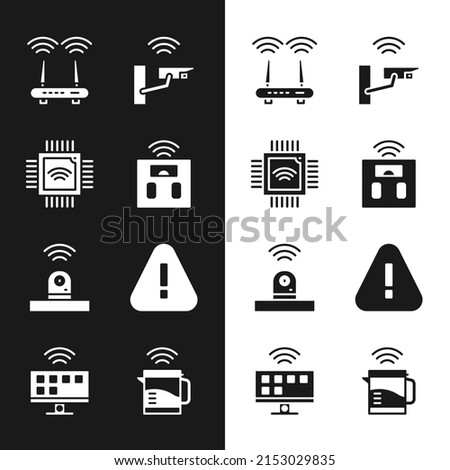 Set Smart bathroom scales, Processor with microcircuits CPU, Router and wi-fi signal, security camera, Exclamation mark in triangle, electric kettle and Tv system icon. Vector