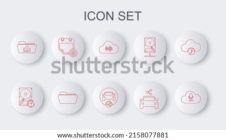 Set line Music streaming service, Hard disk drive with clockwise, Car sharing, Folder upload, Financial calendar,  and  icon. Vector