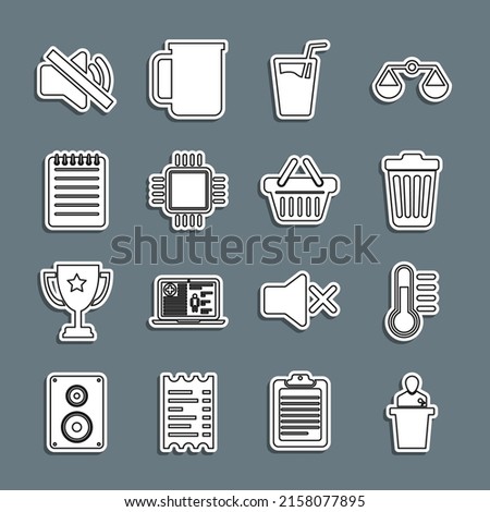 Set line Speaker, Thermometer, Trash can, Glass with water, Processor CPU, Notebook, mute and Shopping basket icon. Vector