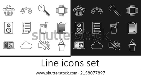 Set line Speaker, Clipboard with document, Key, Document, Stereo speaker, Shopping basket, Glass water and Scales of justice icon. Vector