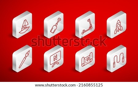 Set line Jump rope, Shovel toy, Roller scooter, Rocket ship, Pirate treasure map, Toy boat, Smart Tv and Paint brush icon. Vector