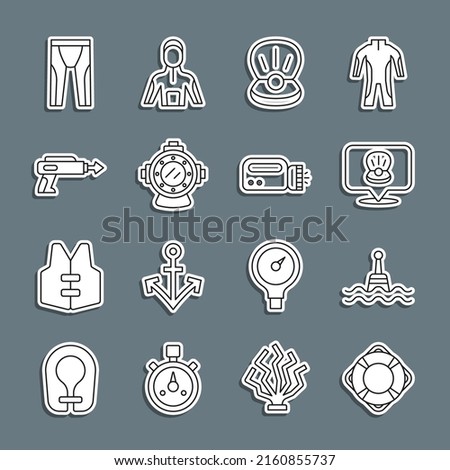 Set line Lifebuoy, Floating, Scallop sea shell, Pearl, Aqualung, Fishing harpoon, Wetsuit for scuba diving and Flashlight diver icon. Vector