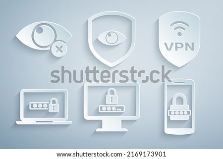 Set Monitor with password, Shield VPN wireless, Laptop, Mobile and, eye and Invisible hide icon. Vector