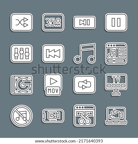 Set line Online play video, Smart Tv, Music player, Pause button, Rewind, Sound mixer controller, Arrow shuffle and note, tone icon. Vector