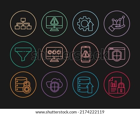 Set line Document and lock, Browser with shield, Arrow growth gear, Monitor password, Sales funnel, Hierarchy organogram chart, Mobile exclamation mark and  icon. Vector