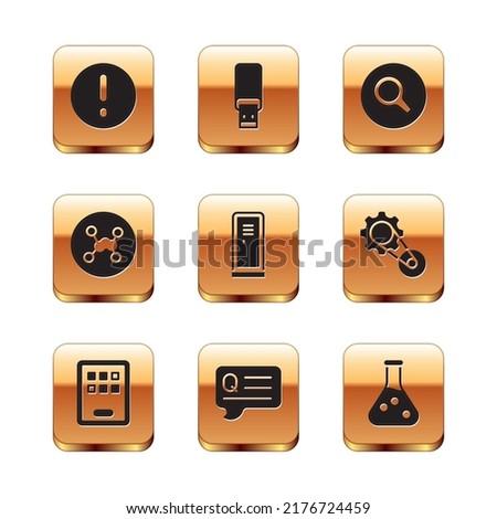 Set Speech bubble and Exclamation, Graphic tablet, bubbles with Question, Locker or changing room, Chemical formula, Magnifying glass, Test tube and USB flash drive icon. Vector