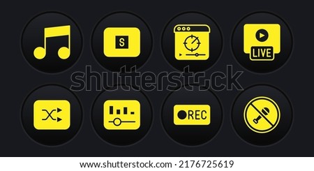 Set Arrow shuffle, Live stream, Music equalizer, Record button, Online play video, Stop media, Mute microphone and note, tone icon. Vector