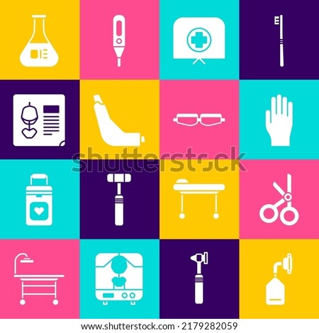 Set Medical oxygen mask, scissors, rubber gloves, Nurse hat with cross, Inhaler, X-ray shots, Test tube and flask and Safety goggle glasses icon. Vector