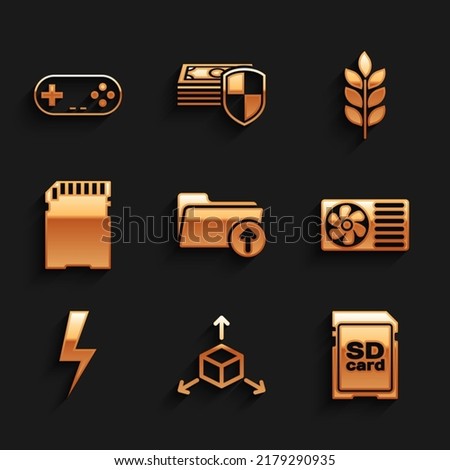 Set Download arrow with folder, Isometric cube, SD card, Air conditioner, Lightning bolt and  icon. Vector