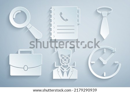 Set Face recognition, Tie, Briefcase, Clock with arrow, Phone book and Magnifying glass icon. Vector
