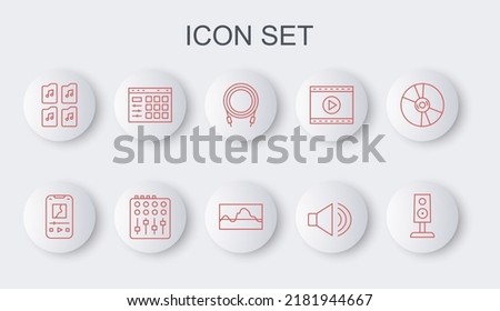 Set line Stereo speaker, Music player, Audio jack, Speaker volume, file document, Drum machine, Sound mixer controller and wave equalizer icon. Vector