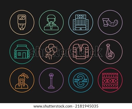 Set line Ukrainian ethnic pattern, Bandura, Hotel Ukraina building, Poppy flower, house, cossack, Embroidered shirt and  icon. Vector