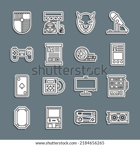 Set line Video graphic card, Slot machine, Create account screen, Mask of the devil with horns, Game guide, Gamepad, Shield for game and Coin icon. Vector