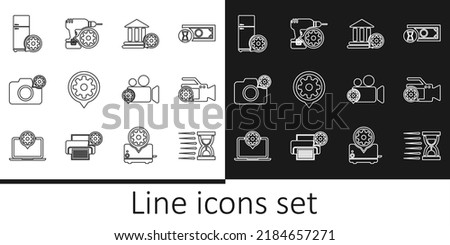Set line Old hourglass with sand, Video camera setting, Bank building, Setting, Photo, Refrigerator,  and Drill machine icon. Vector