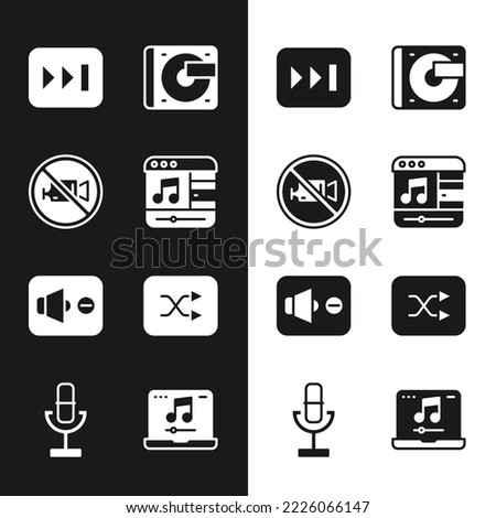 Set Music player, Prohibition no video recording, Fast forward, Vinyl with vinyl disk, Speaker mute, Arrow shuffle, Laptop music and Microphone icon. Vector