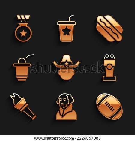 Set Sheriff cowboy, George Washington, American Football ball, Stage stand tribune, Torch flame, Beer pong game, Hotdog sandwich and Medal with star icon. Vector