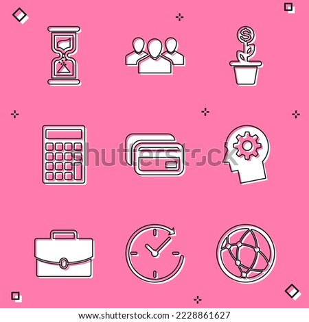 Set Old hourglass, Users group, Dollar plant in the pot, Calculator, Credit card and Human head with gear inside icon. Vector