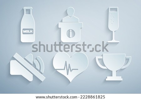 Set Heart rate, Glass of champagne, Speaker mute, Trophy cup, Information desk and bottle milk and cap icon. Vector