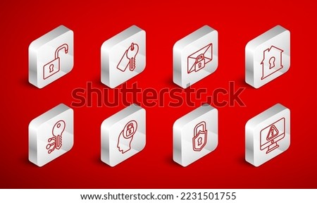 Set line Monitor with exclamation mark, Marked key, Mail message lock password, House under protection, Lock, Open padlock, Human head and Cryptocurrency icon. Vector
