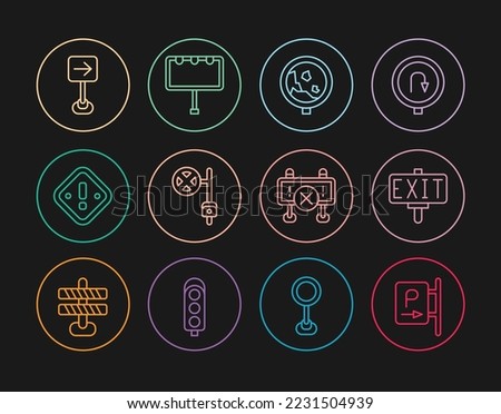 Set line Parking, Fire exit, Road warning rockfall, Stop sign with camera, Exclamation mark triangle, Traffic turn right, barrier and Billboard lights icon. Vector