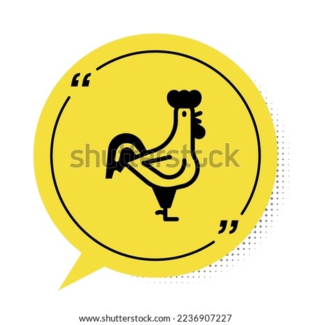 Black French rooster icon isolated on white background. Yellow speech bubble symbol. Vector