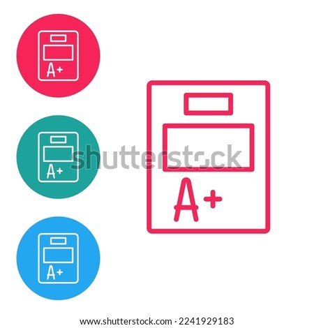 Red line Exam sheet with A plus grade icon isolated on white background. Test paper, exam, or survey concept. School test or exam. Set icons in circle buttons. Vector
