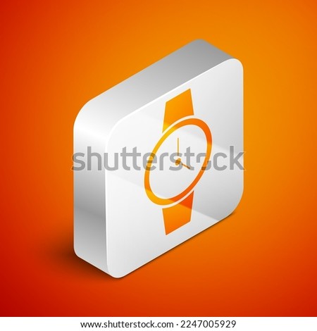 Isometric Wrist watch icon isolated on orange background. Wristwatch icon. Silver square button. Vector