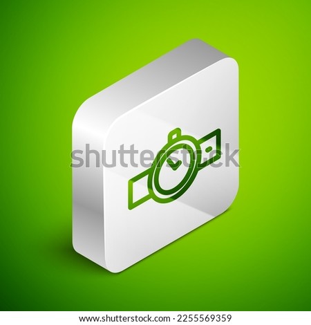 Isometric line Wrist watch icon isolated on green background. Wristwatch icon. Silver square button. Vector