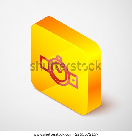 Isometric line Wrist watch icon isolated on grey background. Wristwatch icon. Yellow square button. Vector